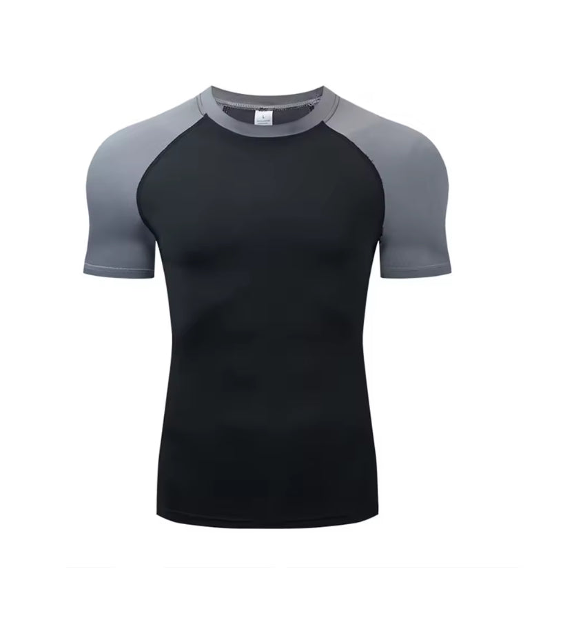 Men's black and gray raglan performance t-shirt with moisture-wicking fabric and athletic fit for gym workouts and training