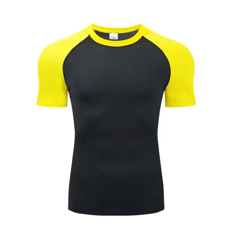 Men's black and yellow raglan athletic workout shirt with quick-dry breathable fabric and contrast sleeves for fitness training