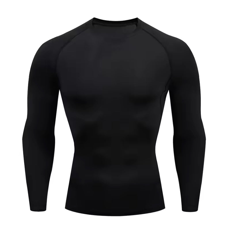 Men's black long sleeve compression shirt with moisture-wicking performance fabric for cold weather training and layering