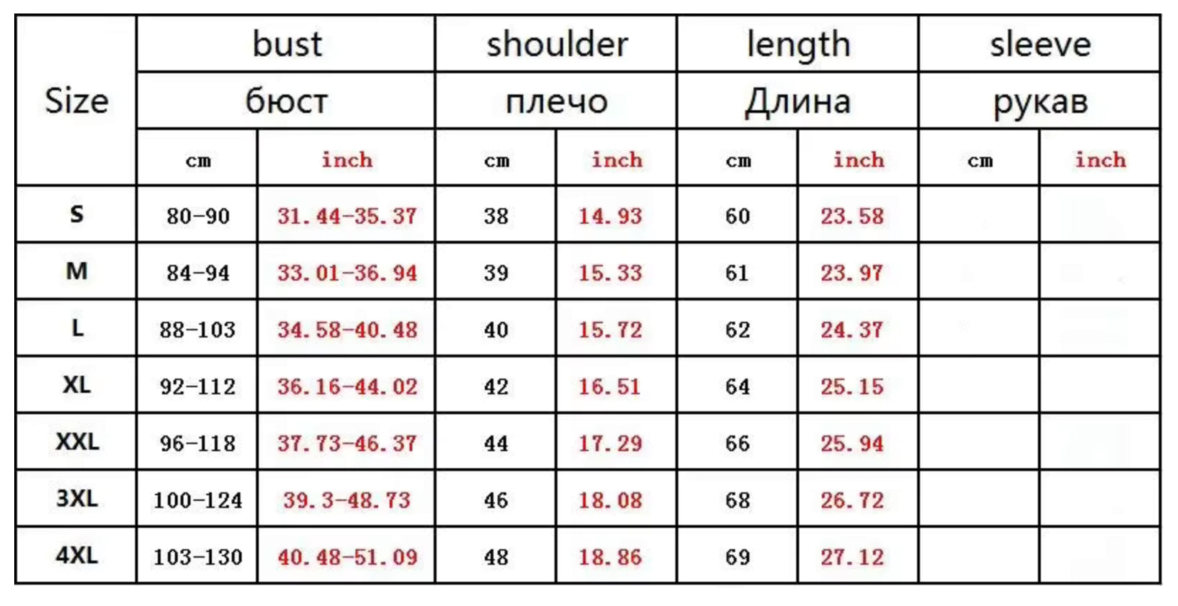Size chart for men's performance t-shirt showing bust, shoulder, length and sleeve measurements in inches for sizes S through 4XL