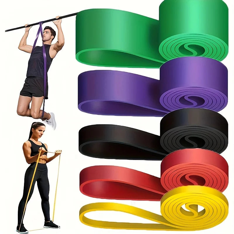 Man performing assisted pull-up and woman doing bicep curls with complete 5-piece resistance band set in green, purple, black, red and yellow