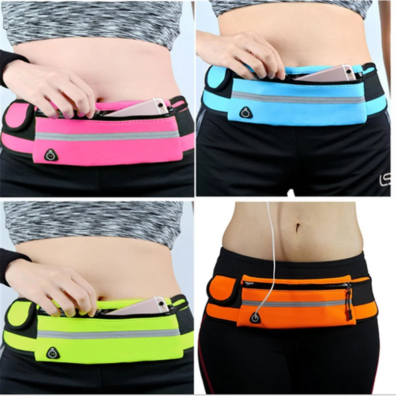 Running waist pack showing phone storage in pink, blue, neon yellow and orange color options