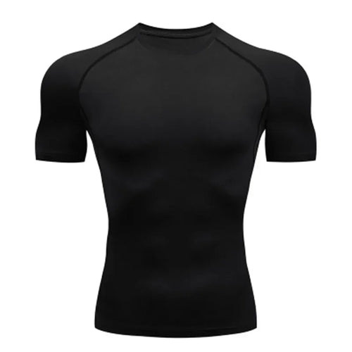 Men's black short sleeve compression shirt with moisture-wicking performance fabric and athletic fit for gym workouts and training