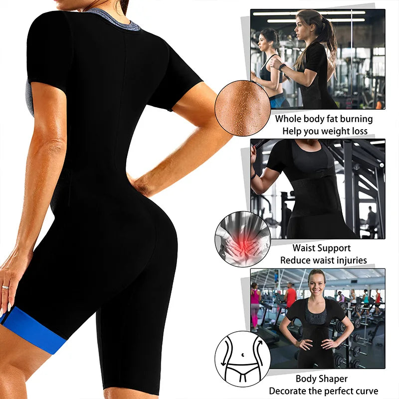 Woman wearing black sauna suit showing fat burning, waist support and body shaping benefits