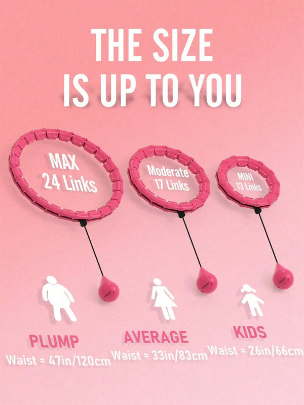 Smart hula hoop sizing guide showing max 24 links, moderate 17 links, and mini 13 links for different waist sizes