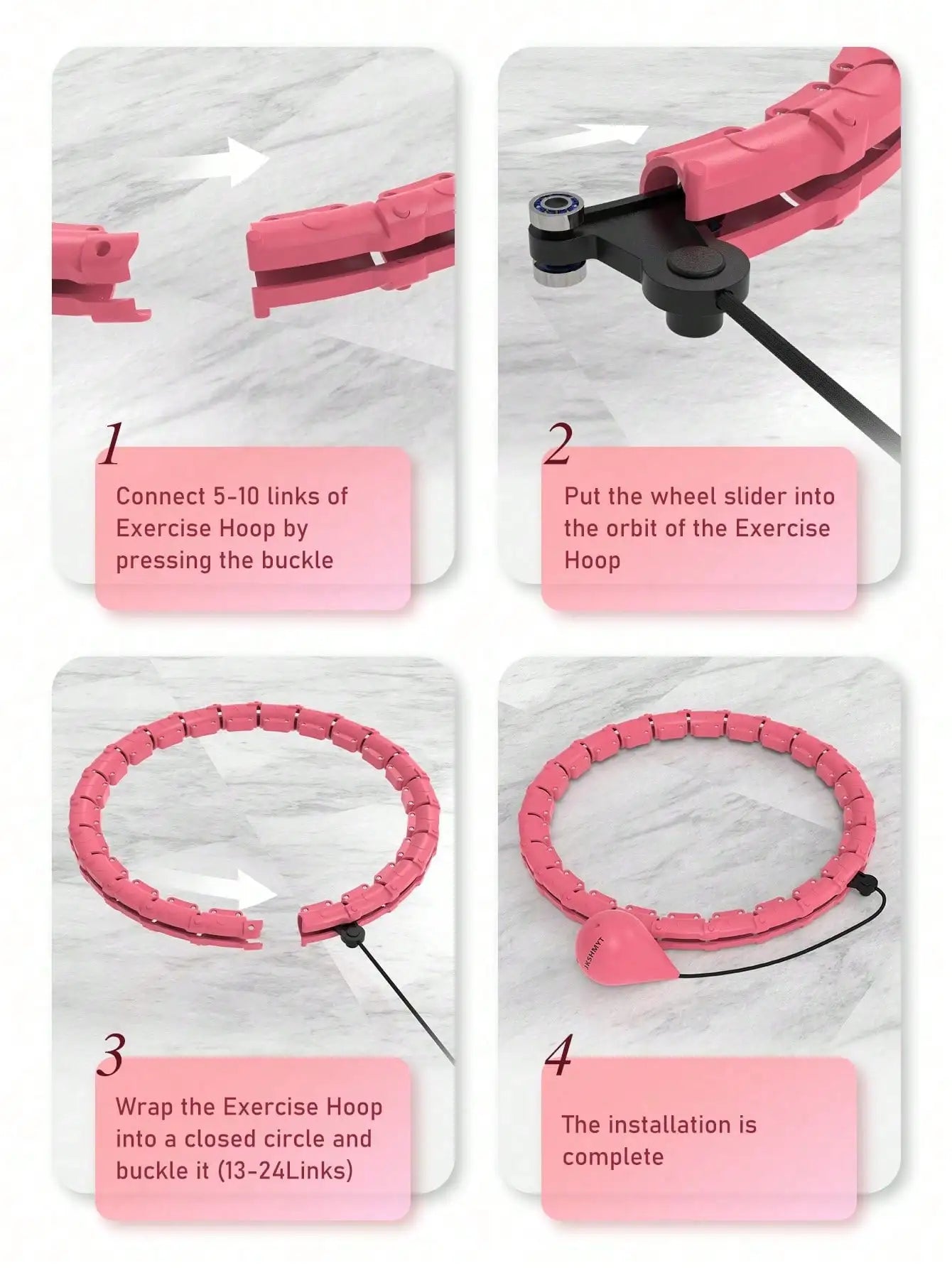 Smart hula hoop assembly guide showing 4-step installation process