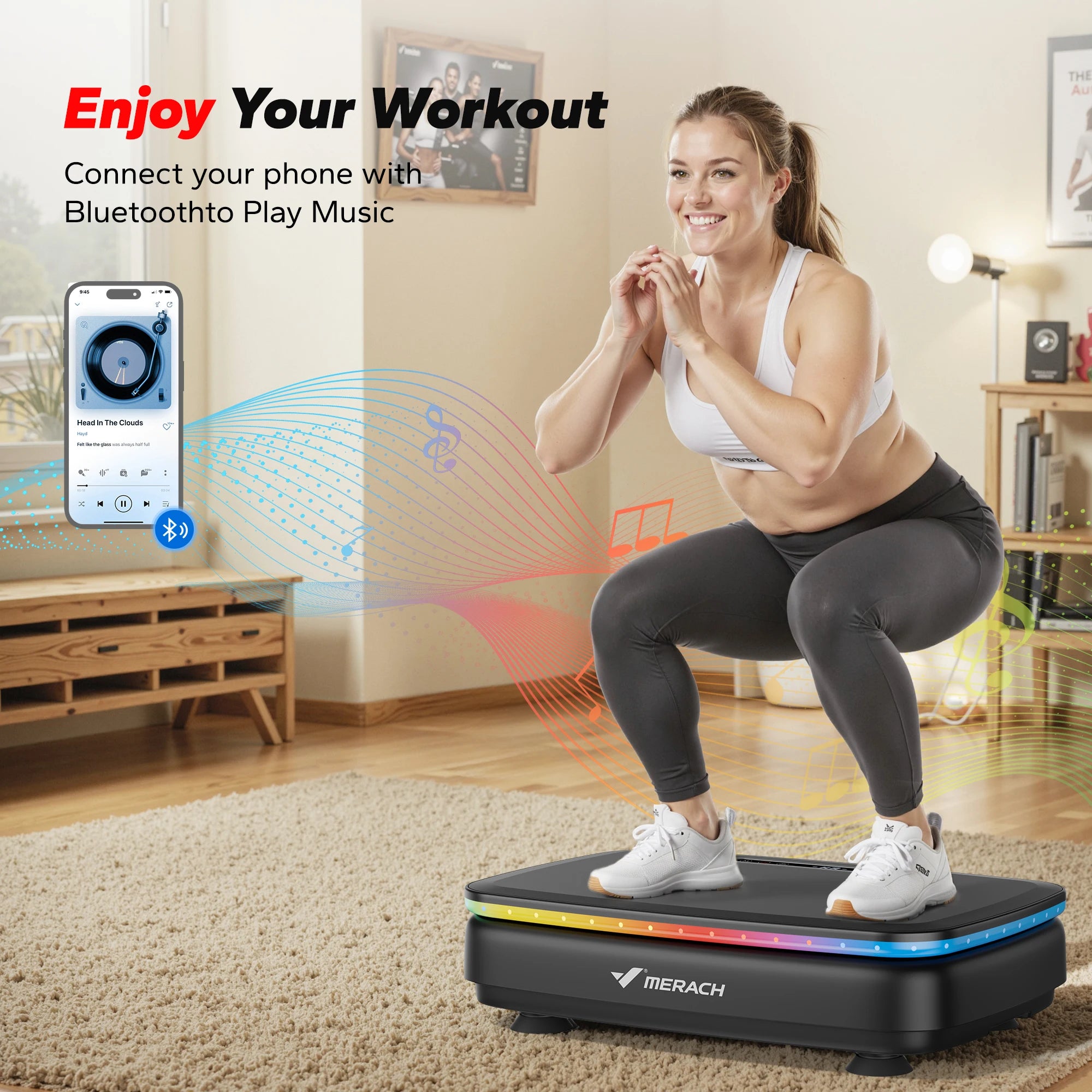 Woman doing squat workout on vibration platform with Bluetooth music connectivity