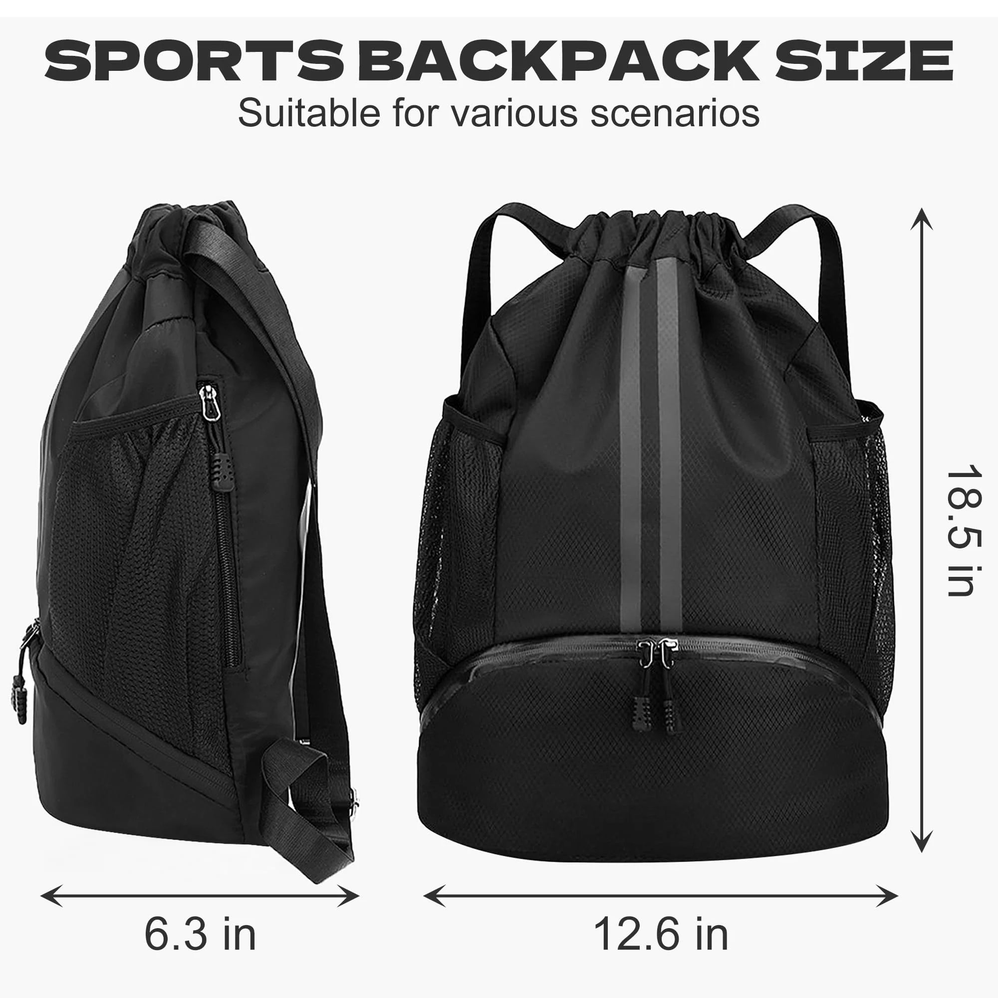Black sports backpack dimensions 18.5 inches height, 6.3 inches width, 12.6 inches depth