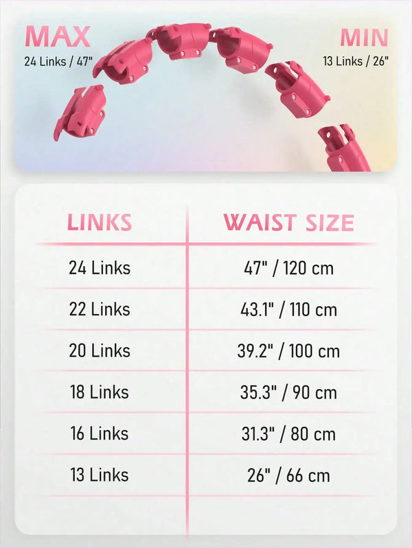 Smart hula hoop size chart showing 13 to 24 links for waist sizes 26 to 47 inches