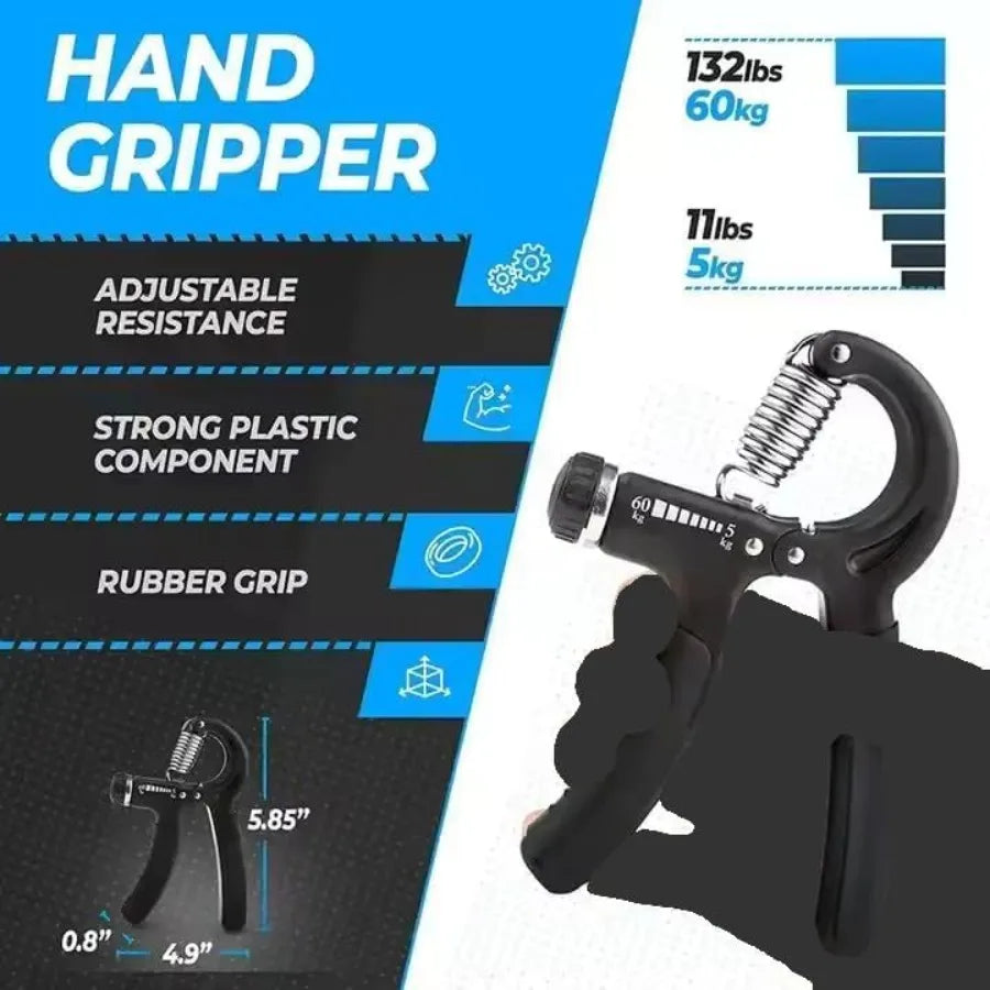 Adjustable hand gripper with 11-132lb resistance range, rubber grip and 5.85 inch dimensions