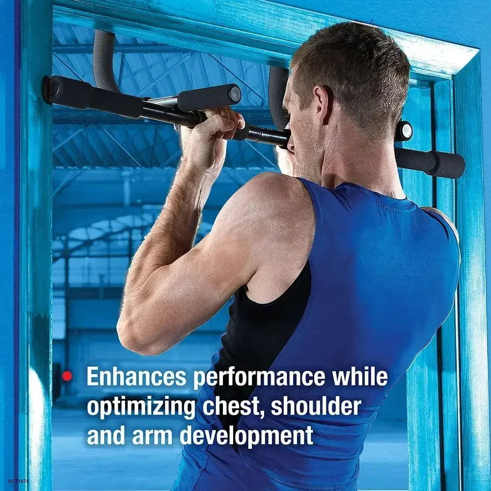 Man doing close-grip pull-up on adjustable doorway pull-up bar for upper body strength training