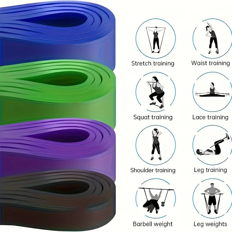 Set of 5 resistance loop bands in blue, green, purple and black showing 8 training exercises including stretch, waist, squat, lace, shoulder, leg, barbell and leg weight training
