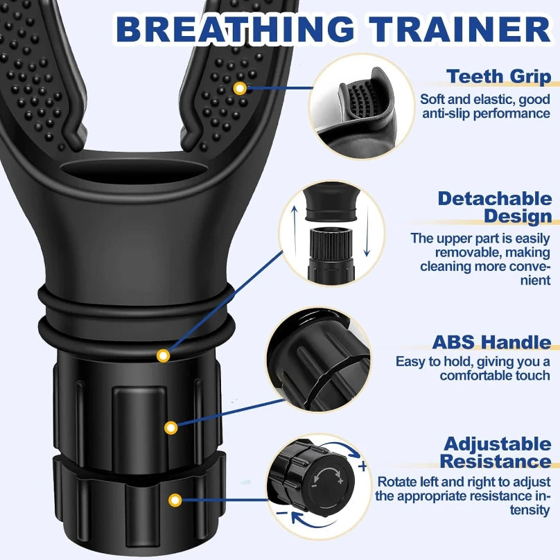 Breathing trainer features: soft teeth grip, detachable design, ABS handle and adjustable resistance dial