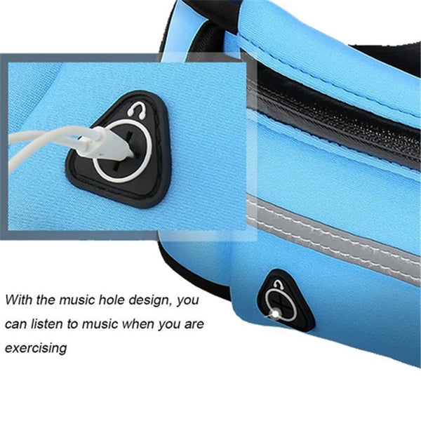 Running waist pack with headphone hole design for listening to music while exercising