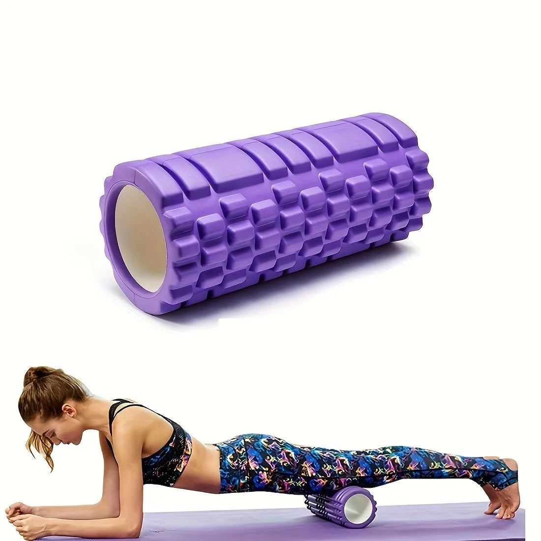 Purple foam roller with textured surface and woman using it in plank position for core strengthening and muscle massage