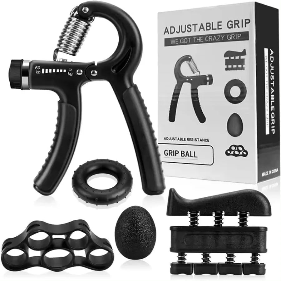 Everyday grip strength training kit showing all 5 pieces with product packaging