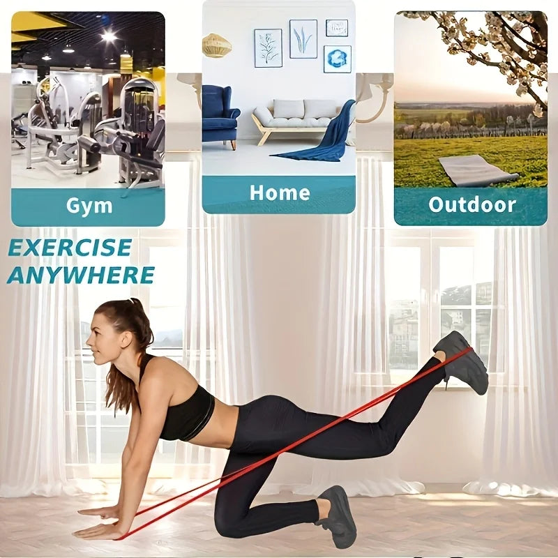 Woman using red resistance loop band for glute kickback exercise at home showing versatility for gym, home and outdoor workouts