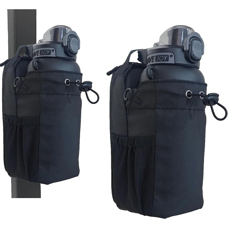 Black magnetic gym bag attached to metal pole showing magnetic mounting feature with water bottle holder