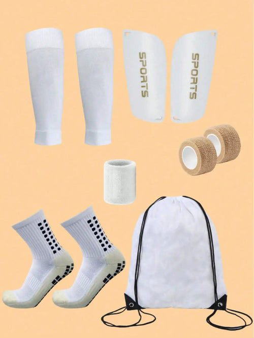 Complete white soccer gear set including shin guards, sleeves, socks, athletic tape, wristband and drawstring bag