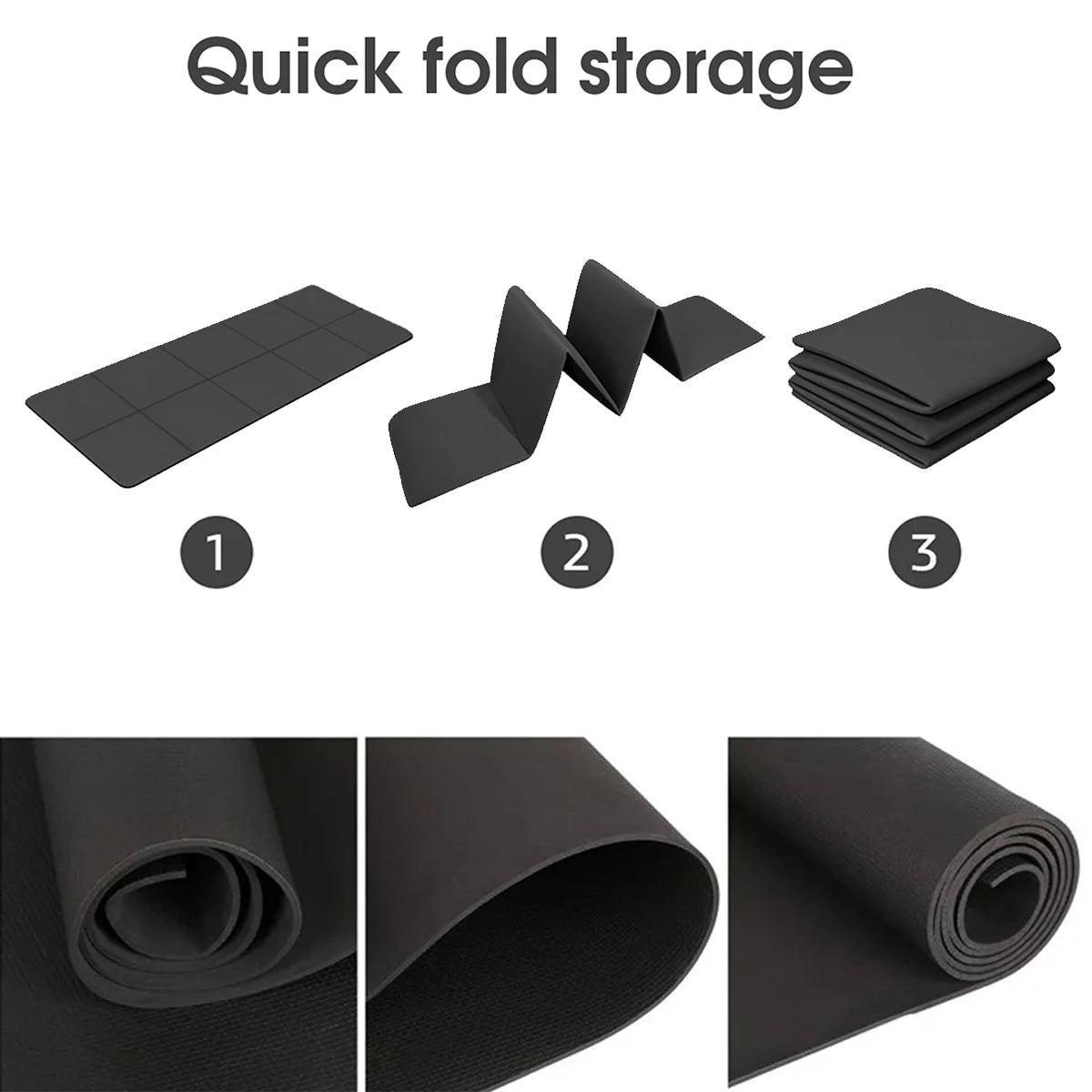 Quick fold storage guide showing EVA exercise mat folding in 3 steps
