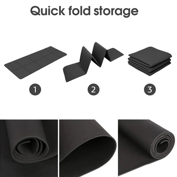 Quick fold storage guide showing EVA exercise mat folding in 3 steps