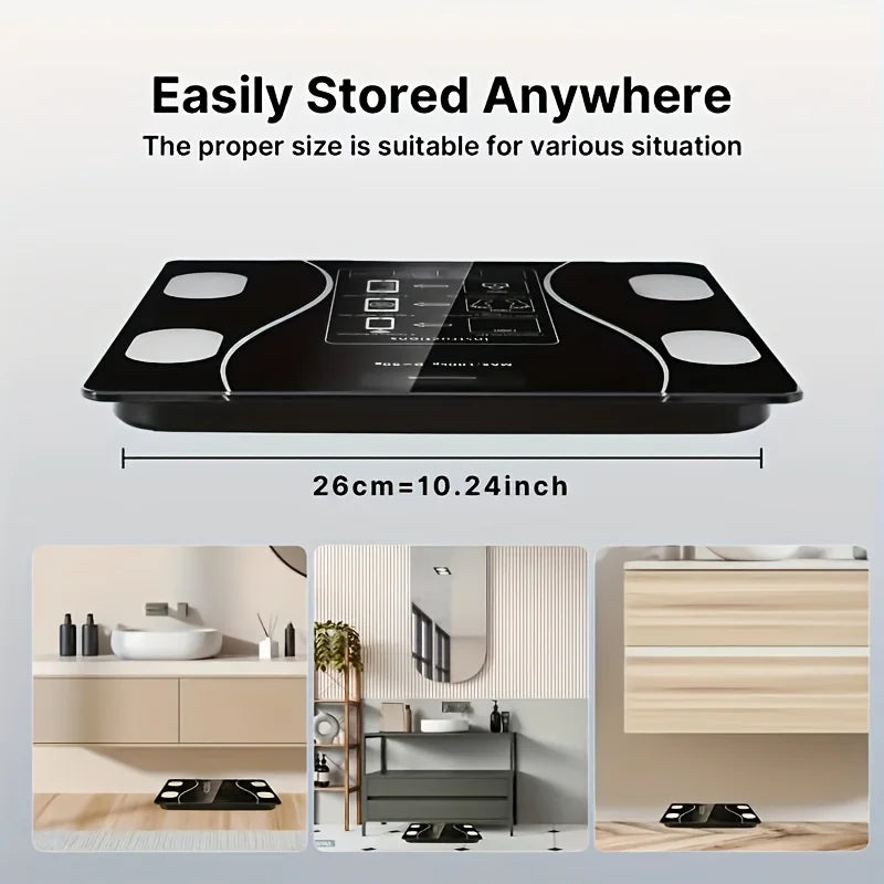 Compact 10.24 inch smart body fat scale easily stored anywhere shown in bathroom, bedroom and closet settings demonstrating space-saving design