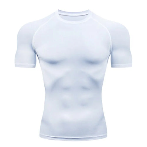 Men's white short sleeve compression shirt with quick-dry breathable fabric and athletic fit for training and active wear