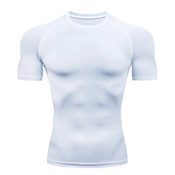 Men's white short sleeve compression shirt with quick-dry breathable fabric and athletic fit for training and active wear