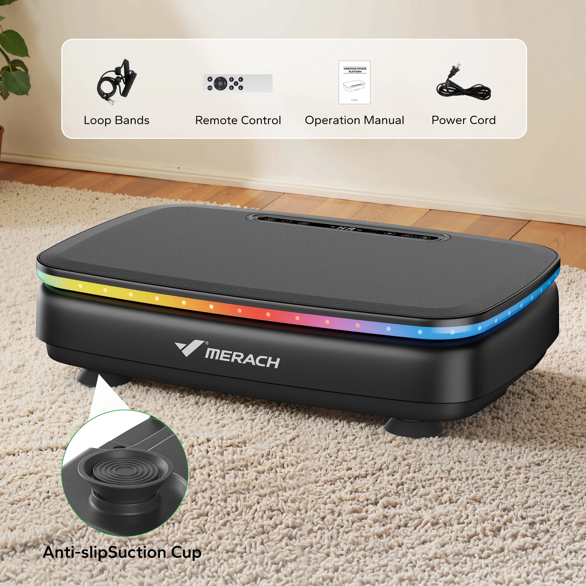 Vibration platform package includes loop bands, remote control, operation manual and power cord with anti-slip suction cups