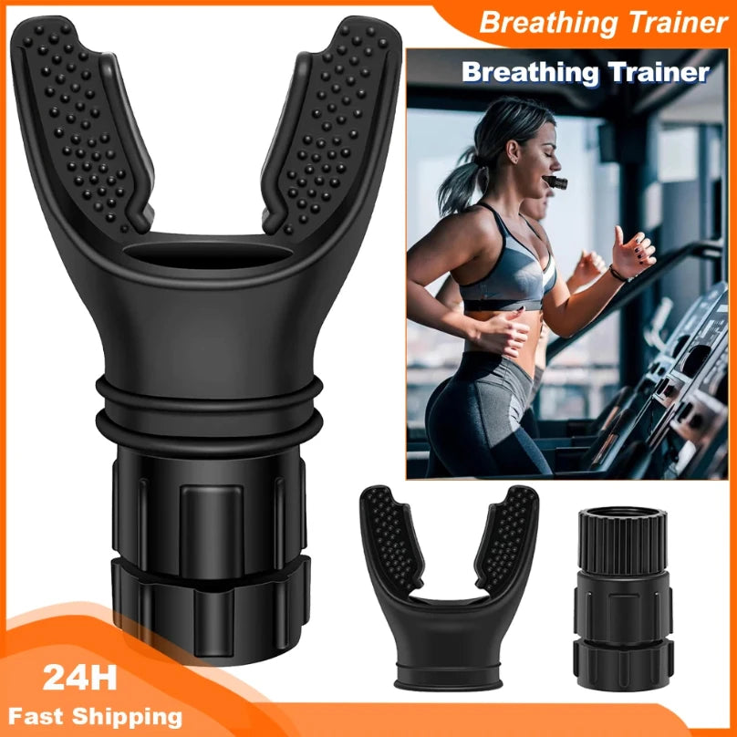 Black breathing trainer device with detachable components and woman training on treadmill