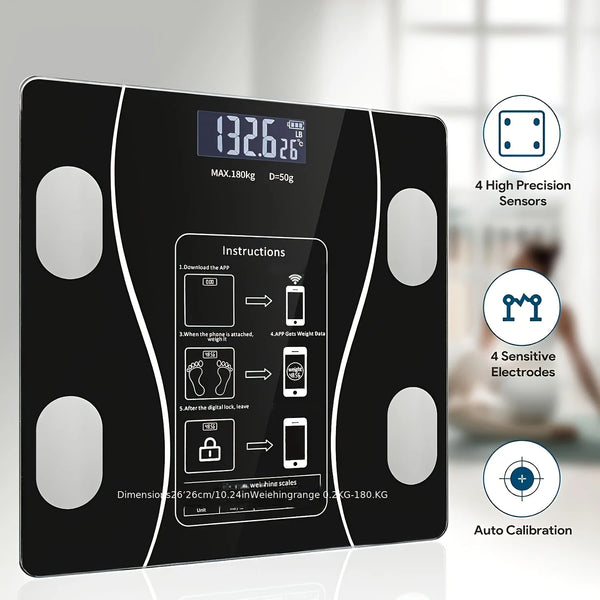 Smart Bluetooth scale with LED display showing 132.6 lbs, detailed app sync instructions, 4 high precision sensors, 4 sensitive electrodes and auto calibration features