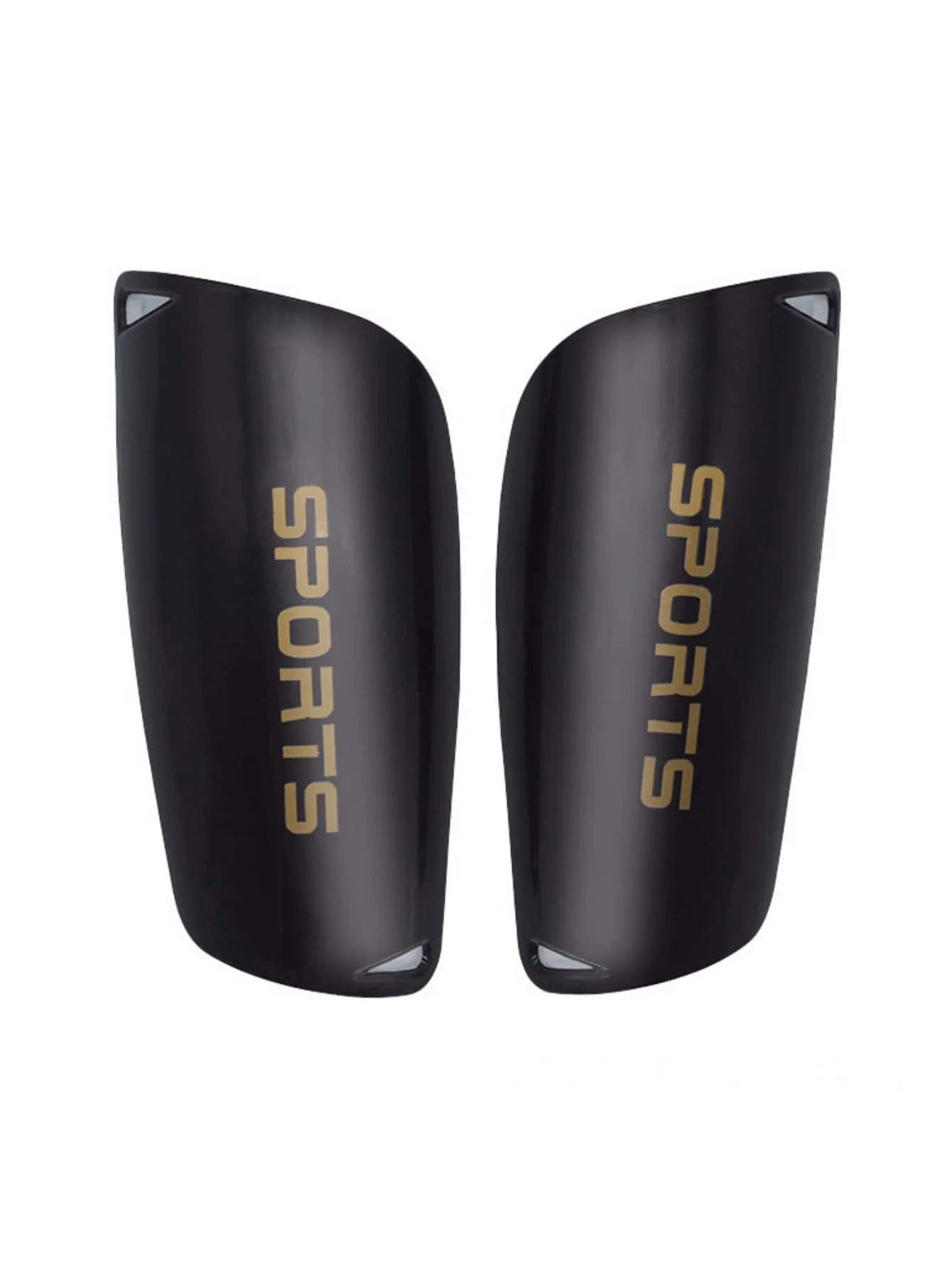 Pair of black soccer shin guards with gold SPORTS branding