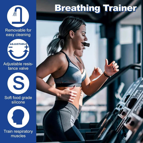 Woman using breathing trainer on treadmill showing removable design, adjustable resistance, food-grade silicone and respiratory muscle training