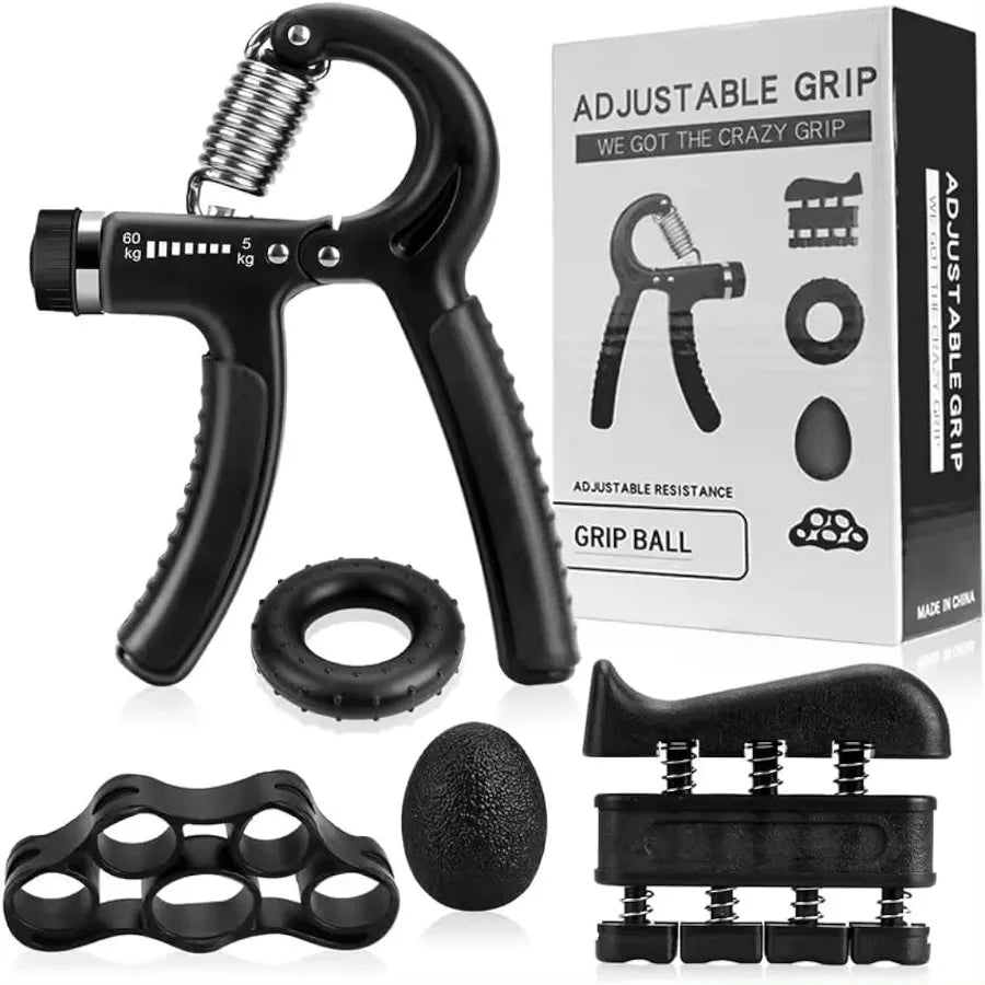 Complete 5-piece grip strength kit with adjustable gripper, finger exerciser, stress ball and resistance bands with packaging
