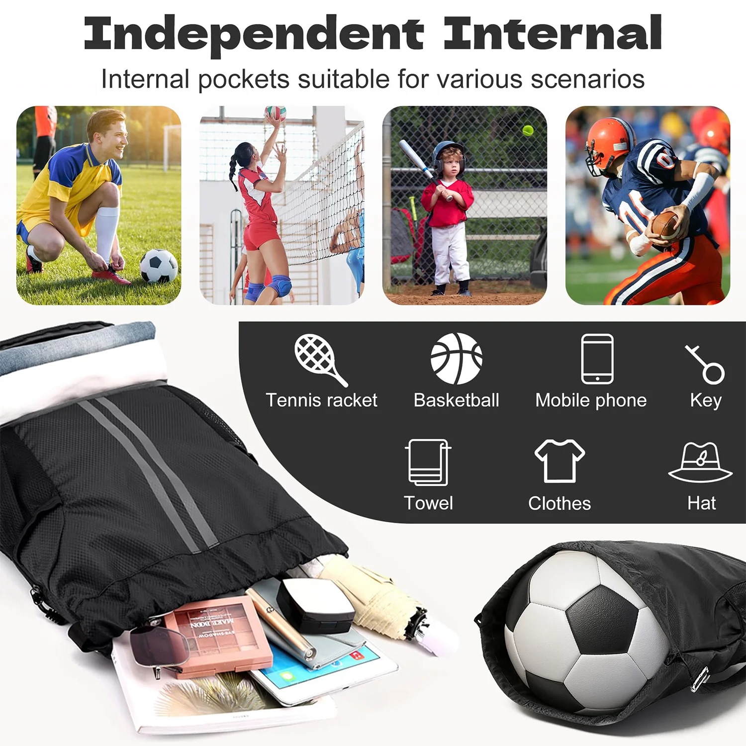 Sports backpack internal pockets for soccer, volleyball, baseball, football, tennis racket, basketball, phone, keys, towel, clothes and hat