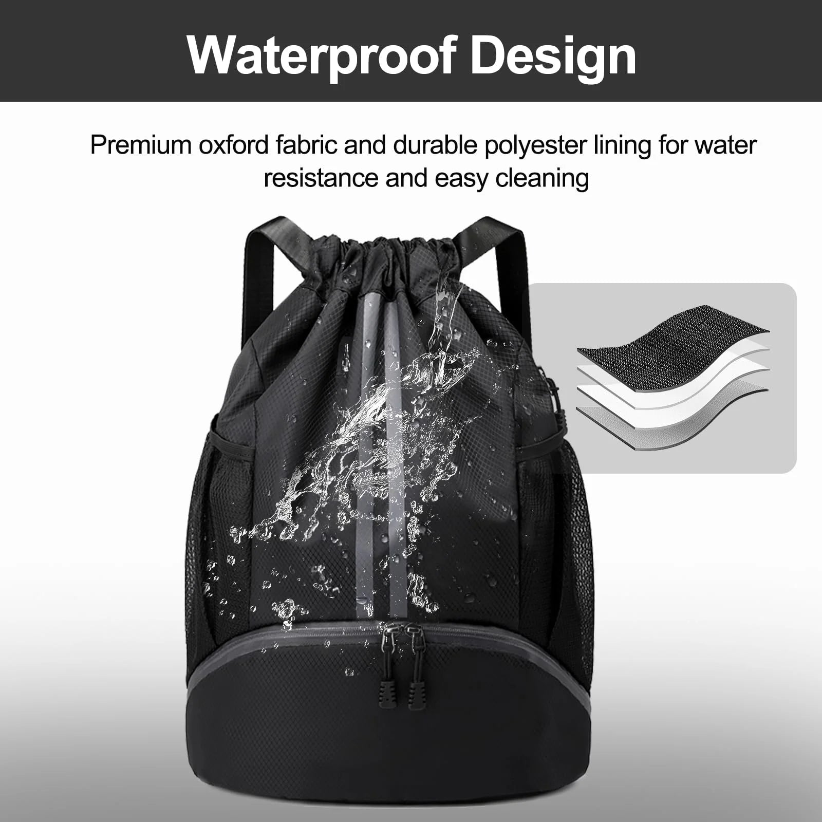 Waterproof sports backpack with oxford fabric and polyester lining showing water resistance