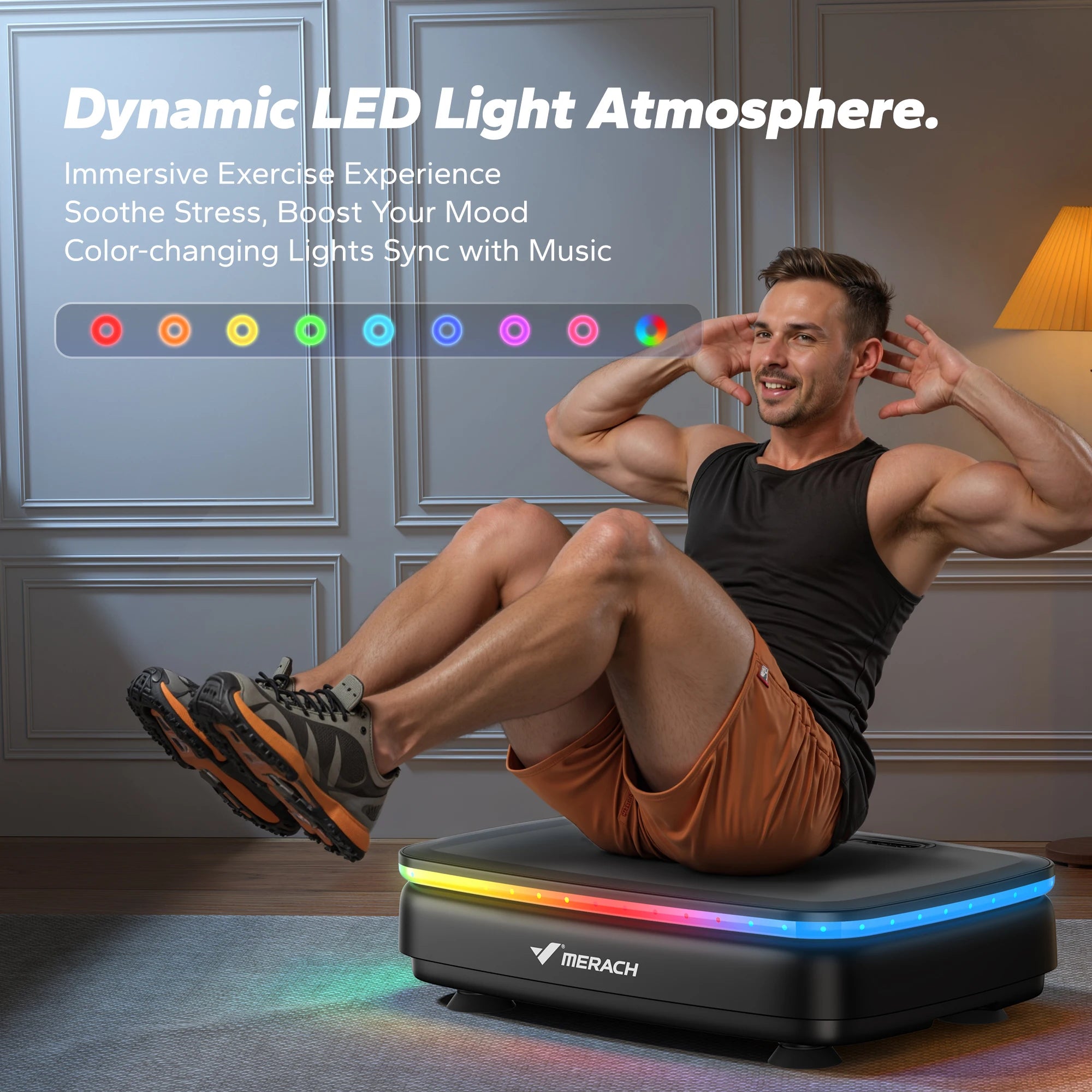 Man doing core workout on vibration platform with dynamic LED light atmosphere and color-changing lights