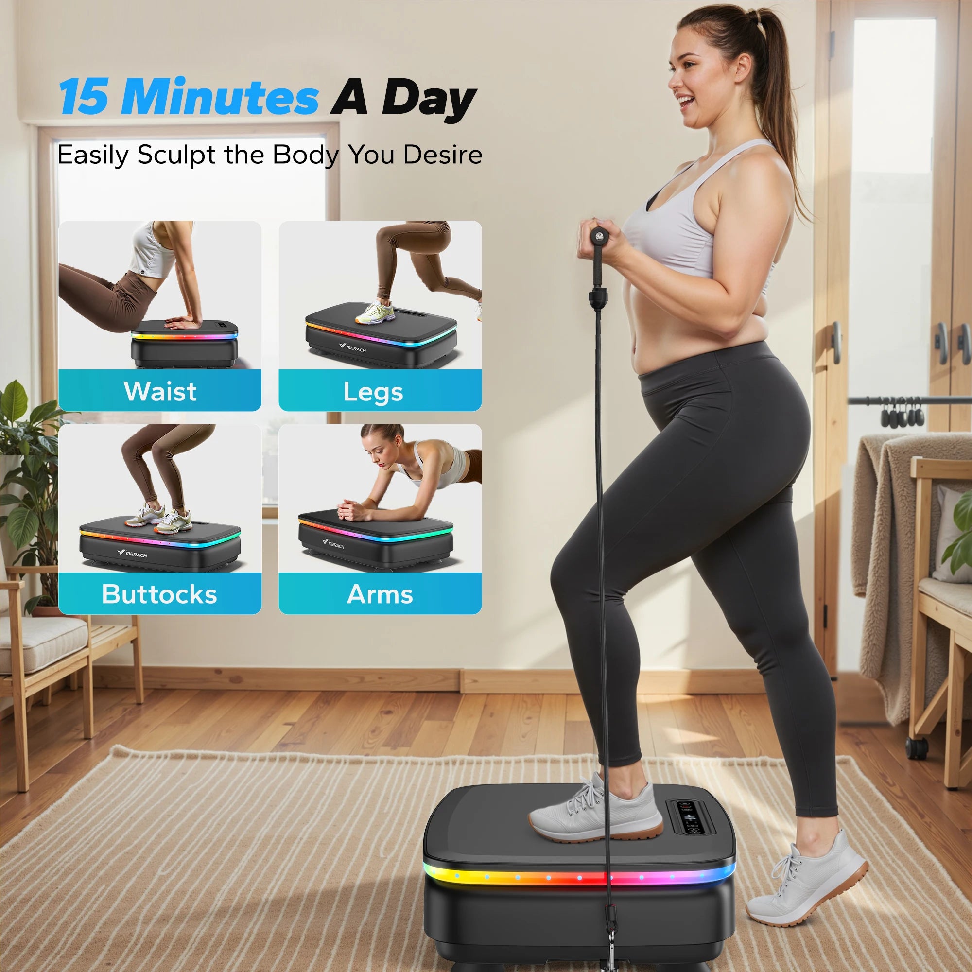 Woman using vibration platform showing 15-minute workout targeting waist, legs, buttocks and arms