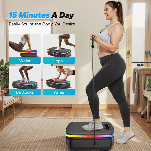 Woman using vibration platform showing 15-minute workout targeting waist, legs, buttocks and arms