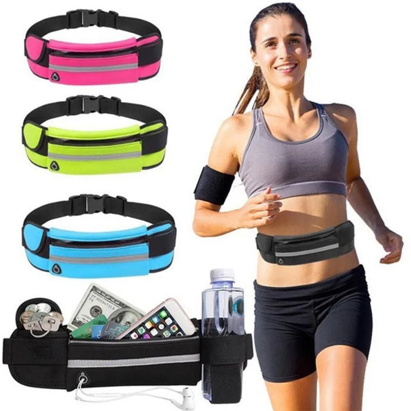 Woman running with waterproof waist pack available in pink, neon yellow, blue and black colors
