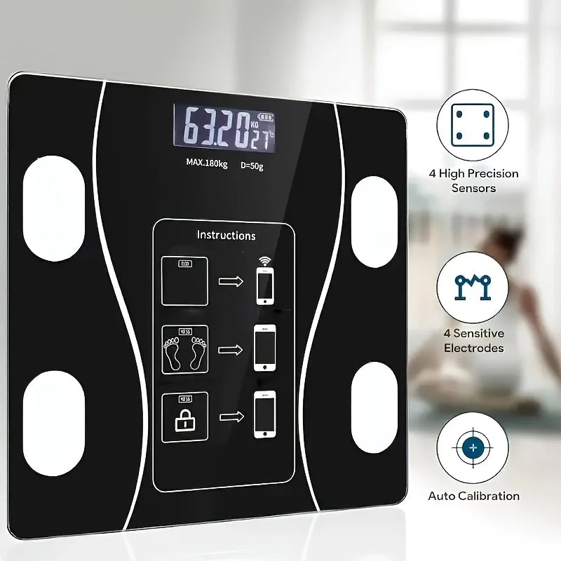 Bluetooth smart scale displaying weight with 4 high precision sensors, 4 sensitive electrodes and auto calibration for accurate body composition analysis