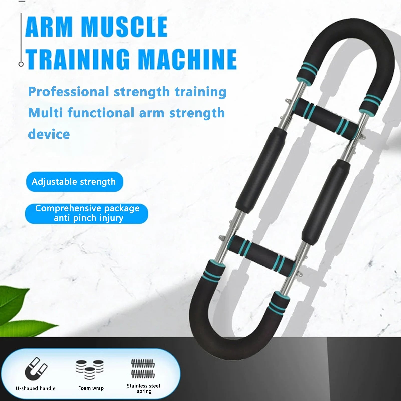 Arm muscle training machine with U-shaped handle, foam wrap, stainless steel spring, adjustable strength and anti-pinch design