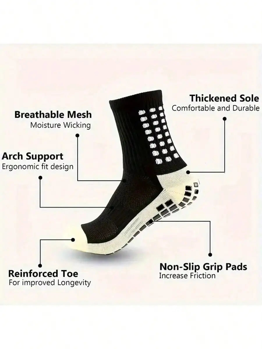 Black soccer socks with breathable mesh, arch support, thickened sole, reinforced toe and non-slip grip pads