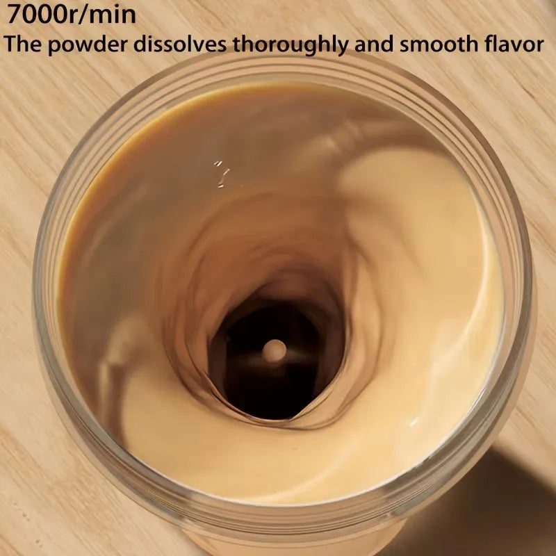 Portable blender mixing protein shake at 7000 RPM showing smooth blending action