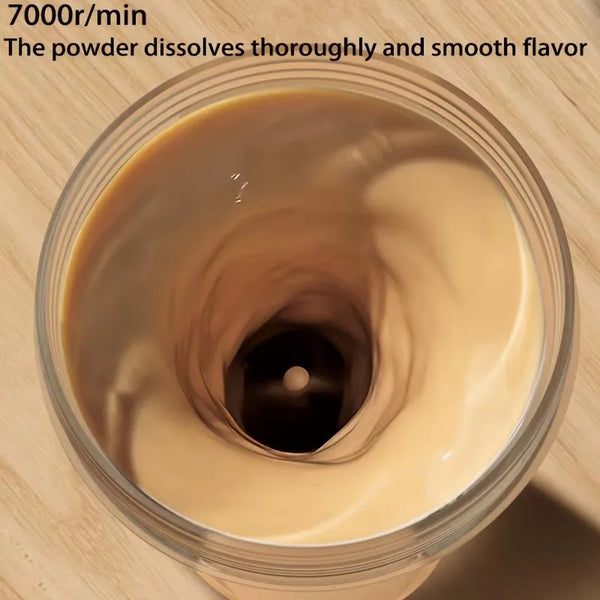 Portable blender mixing protein shake at 7000 RPM showing smooth blending action