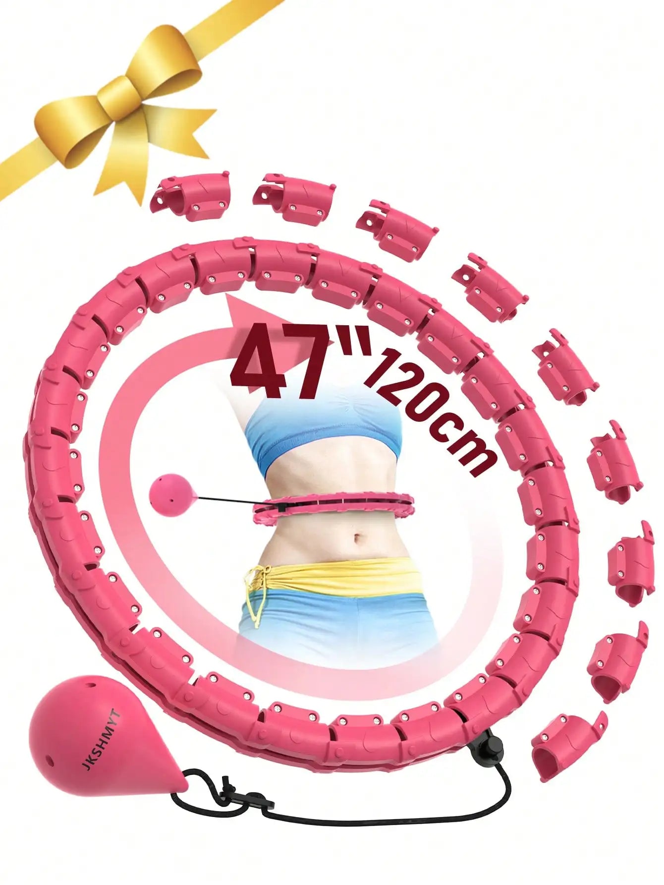 Adjustable smart hula hoop with removable links showing 47 inch maximum waist size