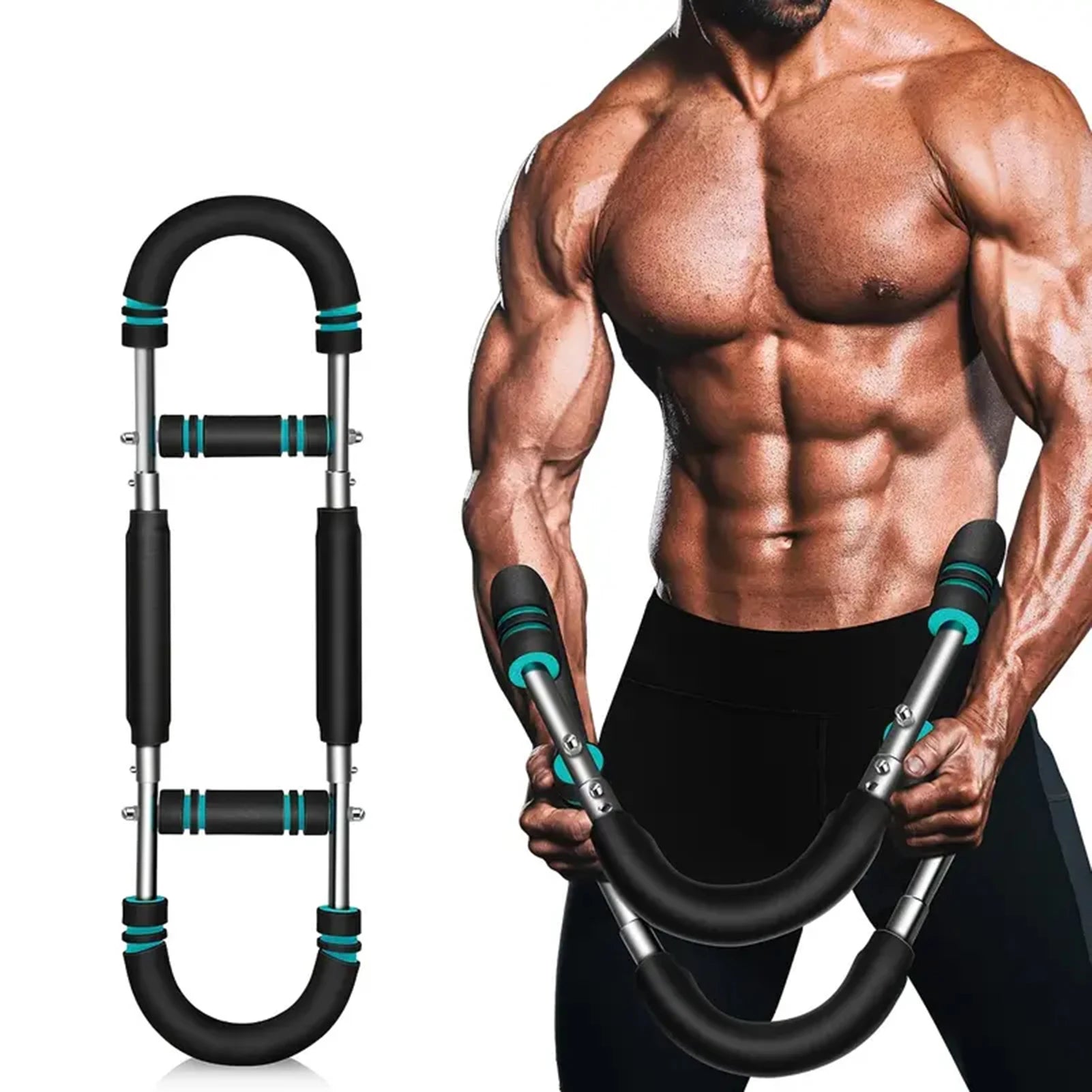 Muscular man using PowerTwist arm trainer for chest and arm strength building